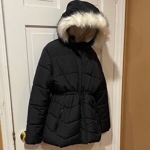 Black Puffer Jacket with Sherpa Lining Faux Fur Hood
